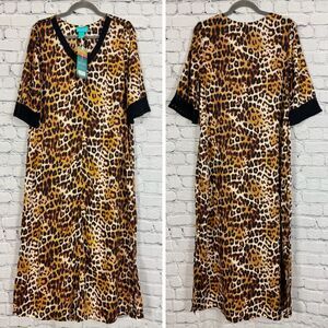 NWT Kate Landry Zip Front Caftan Beach Dress Novelle Peach Animal Print